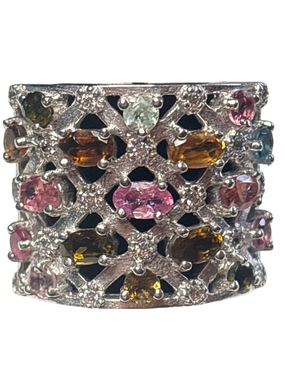 Elegant Multicolor Gemstone Silver Ring Size 8